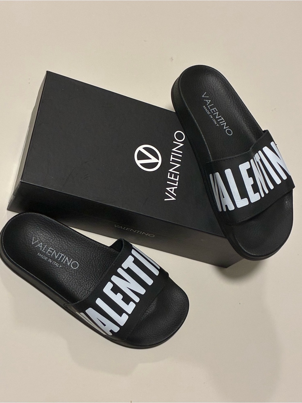 Valentino Black Slides with White Logo Strap